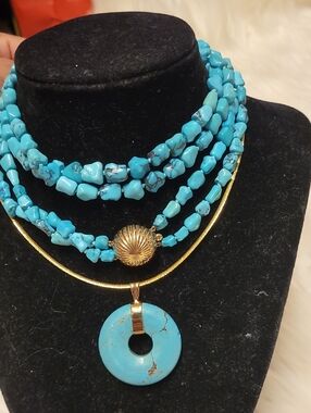 14k Vintage Huge  Turquoise and Gold Pendant Necklace